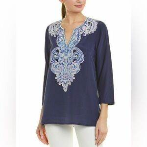 Lilly Pulitzer Navy Tunic with Light Blue & Cream Embroidery
